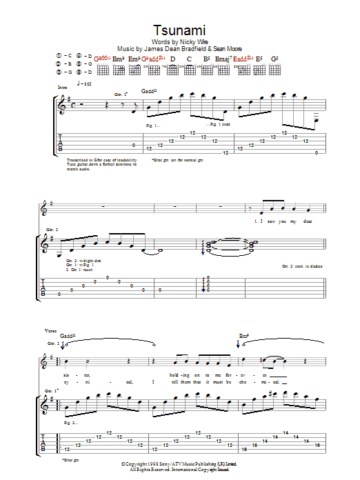 Manic Street Preachers Tsunami Sheet Music Notes & Chords for Guitar Tab - Download or Print PDF