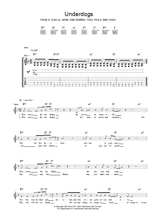 Manic Street Preachers Underdogs Sheet Music Notes & Chords for Guitar Tab - Download or Print PDF