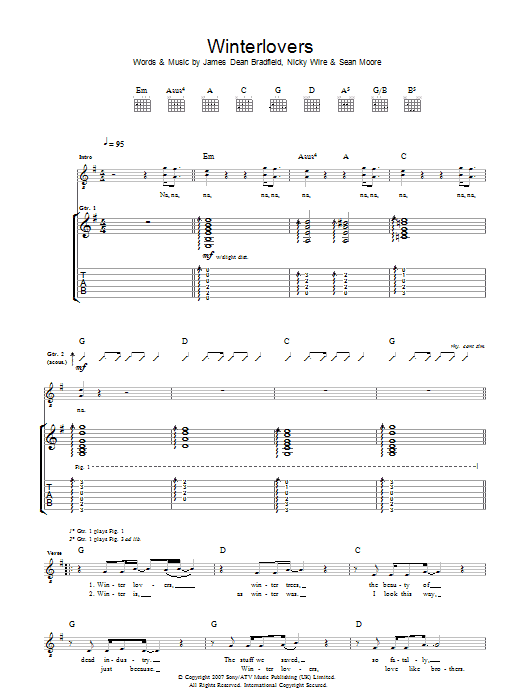 Manic Street Preachers Winterlovers Sheet Music Notes & Chords for Guitar Tab - Download or Print PDF