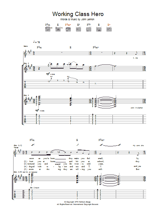 Manic Street Preachers Working Class Hero Sheet Music Notes & Chords for Guitar Tab - Download or Print PDF