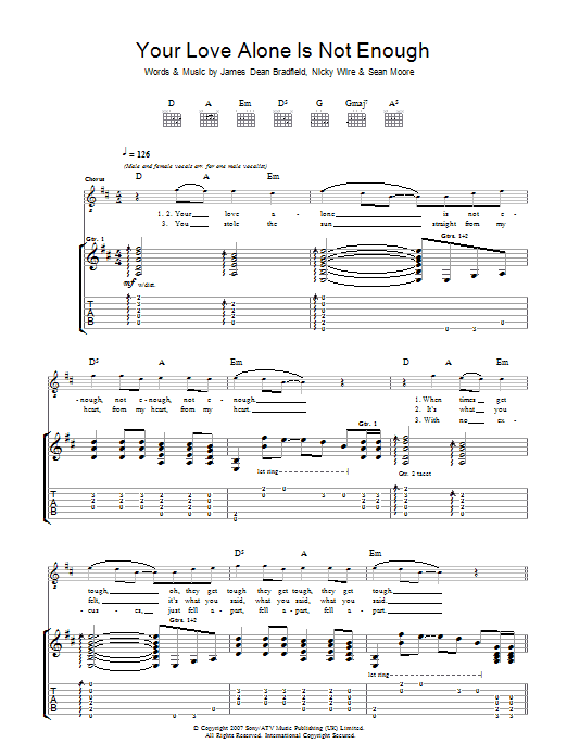 Manic Street Preachers Your Love Alone Is Not Enough Sheet Music Notes & Chords for Piano, Vocal & Guitar - Download or Print PDF