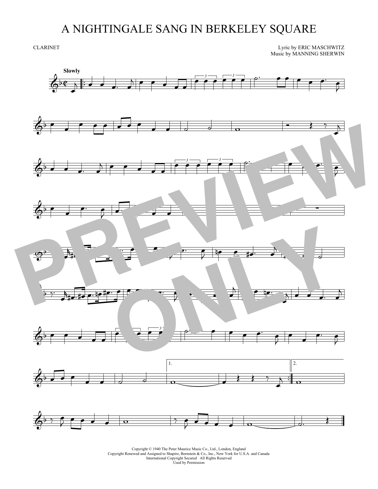 Manning Sherwin A Nightingale Sang In Berkeley Square Sheet Music Notes & Chords for Tenor Sax Solo - Download or Print PDF