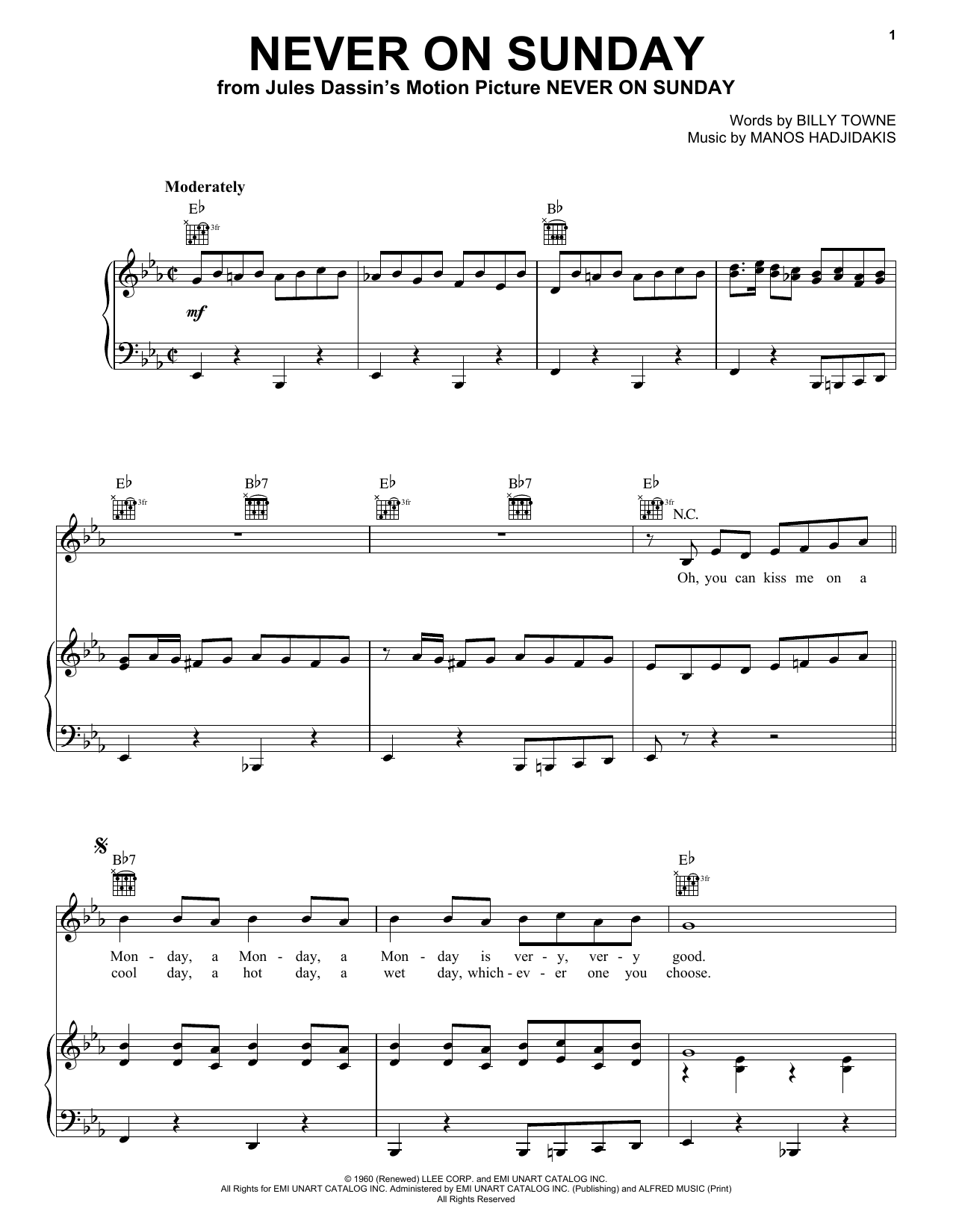 Manos Hadjidakis Never On Sunday Sheet Music Notes & Chords for Piano, Vocal & Guitar (Right-Hand Melody) - Download or Print PDF