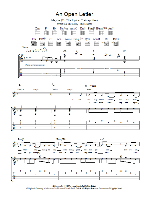 Mansun An Open Letter Sheet Music Notes & Chords for Guitar Tab - Download or Print PDF