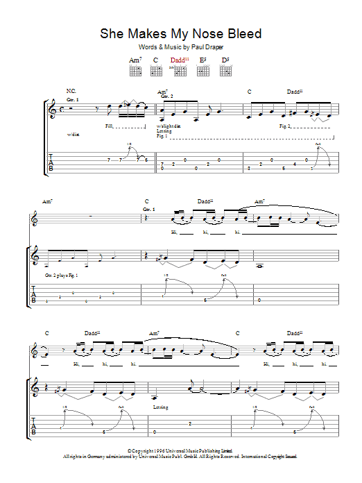 Mansun She Makes My Nose Bleed Sheet Music Notes & Chords for Guitar Tab - Download or Print PDF