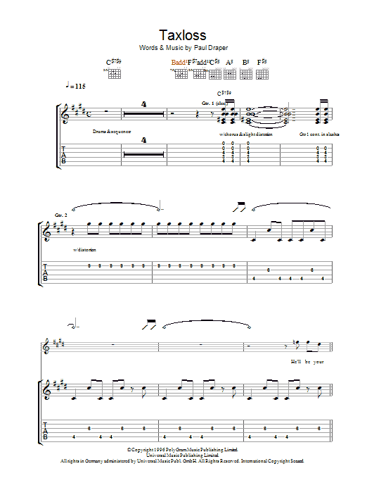 Mansun Taxloss Sheet Music Notes & Chords for Guitar Tab - Download or Print PDF