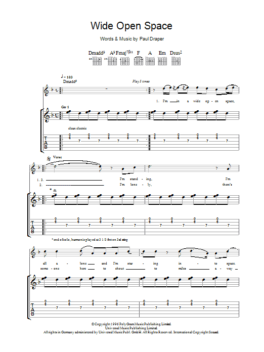 Mansun Wide Open Space Sheet Music Notes & Chords for Melody Line, Lyrics & Chords - Download or Print PDF