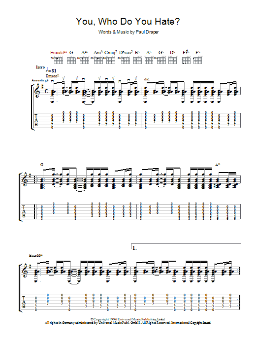 Mansun You, Who Do You Hate? Sheet Music Notes & Chords for Guitar Tab - Download or Print PDF