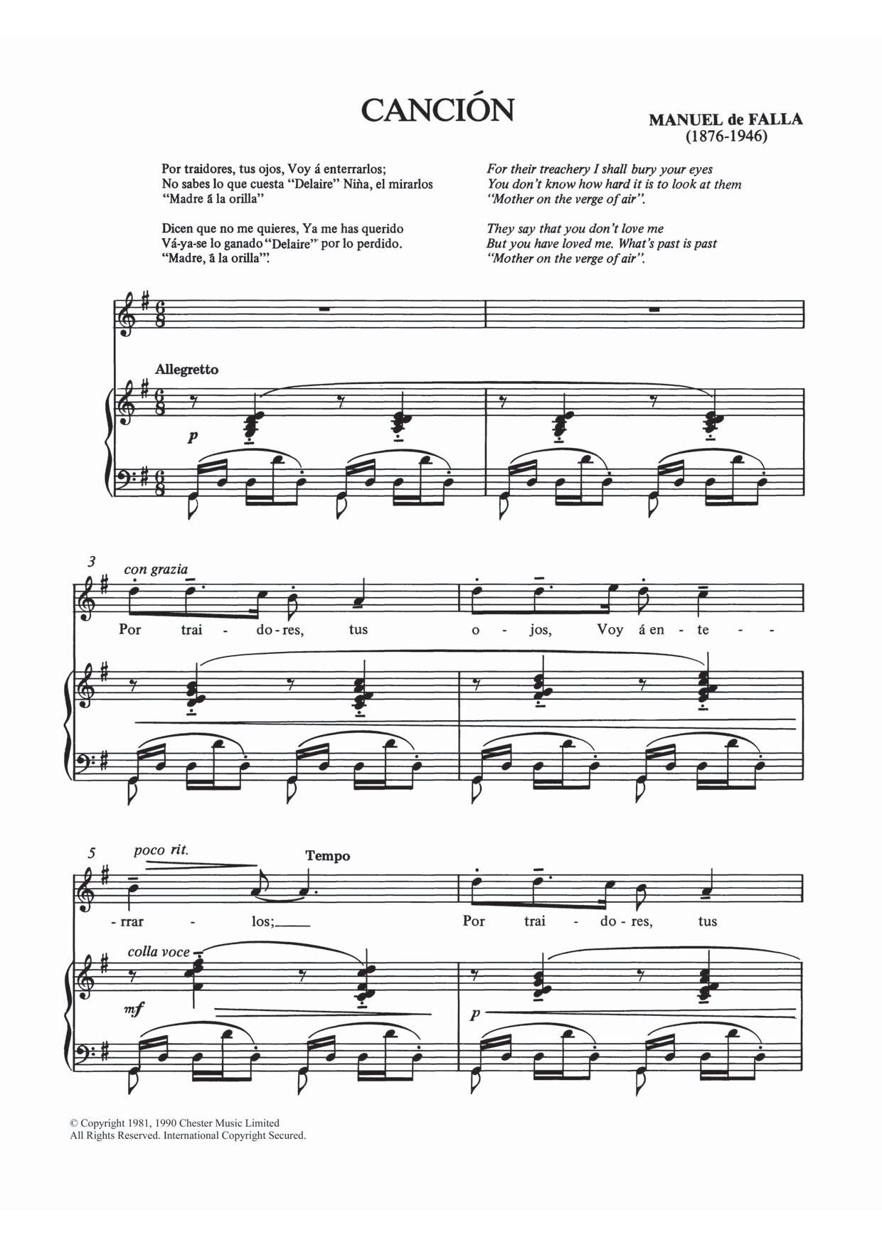 Manuel De Falla Cancion Sheet Music Notes & Chords for Piano & Vocal - Download or Print PDF