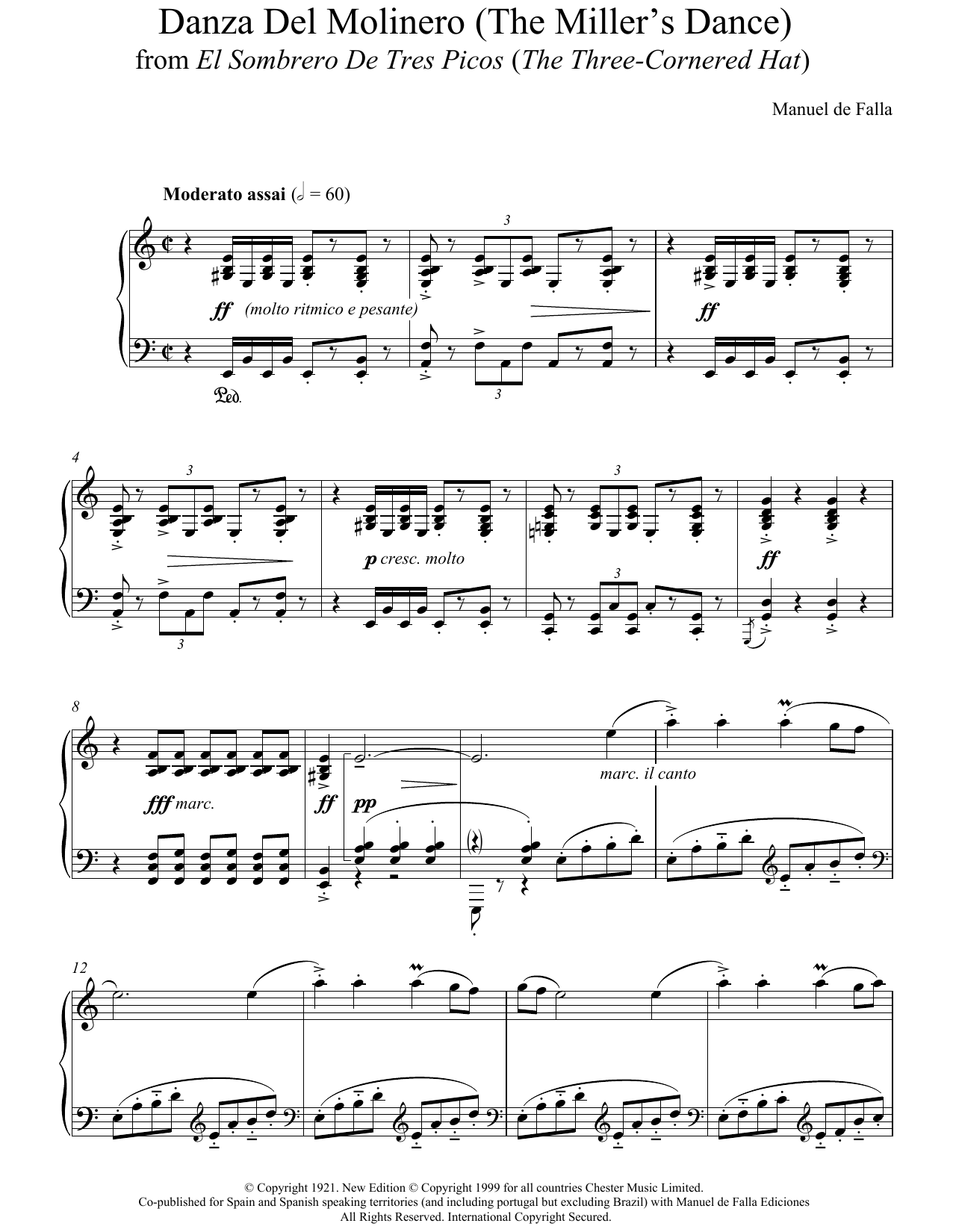 Manuel De Falla Danza Del Molinero ('The Miller's Dance') (From El Sombrero De Tres Picos ('The Three-Cornered Hat') Sheet Music Notes & Chords for Piano - Download or Print PDF