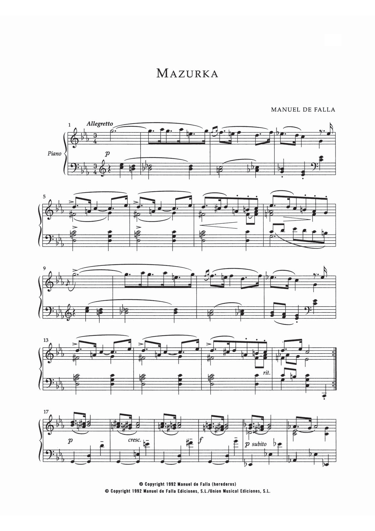 Manuel De Falla Mazurka In Do Menor Sheet Music Notes & Chords for Piano - Download or Print PDF