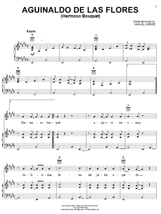 Manuel Jiménez Aguinaldo De Las Flores (Hermoso Bouquet) Sheet Music Notes & Chords for Piano, Vocal & Guitar (Right-Hand Melody) - Download or Print PDF
