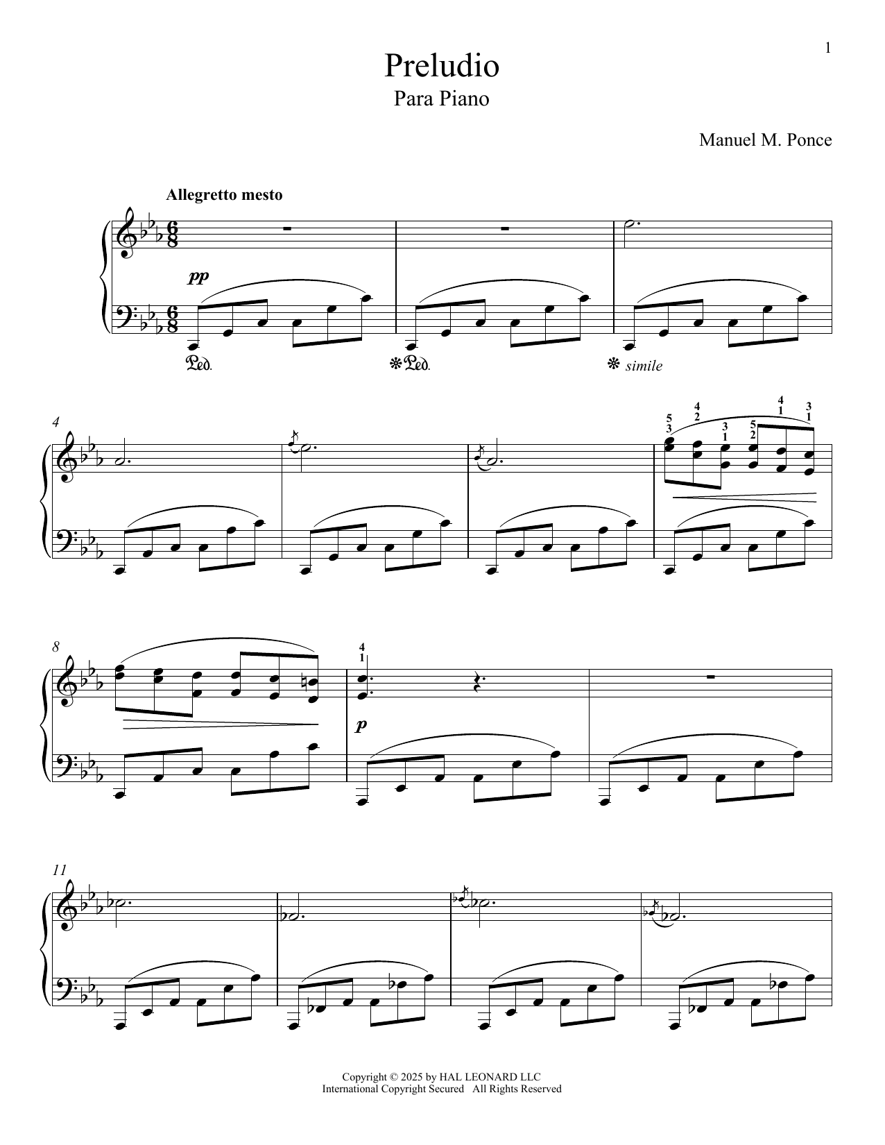 Manuel M. Ponce Prelude [In C Minor] For Piano Sheet Music Notes & Chords for Piano Solo - Download or Print PDF