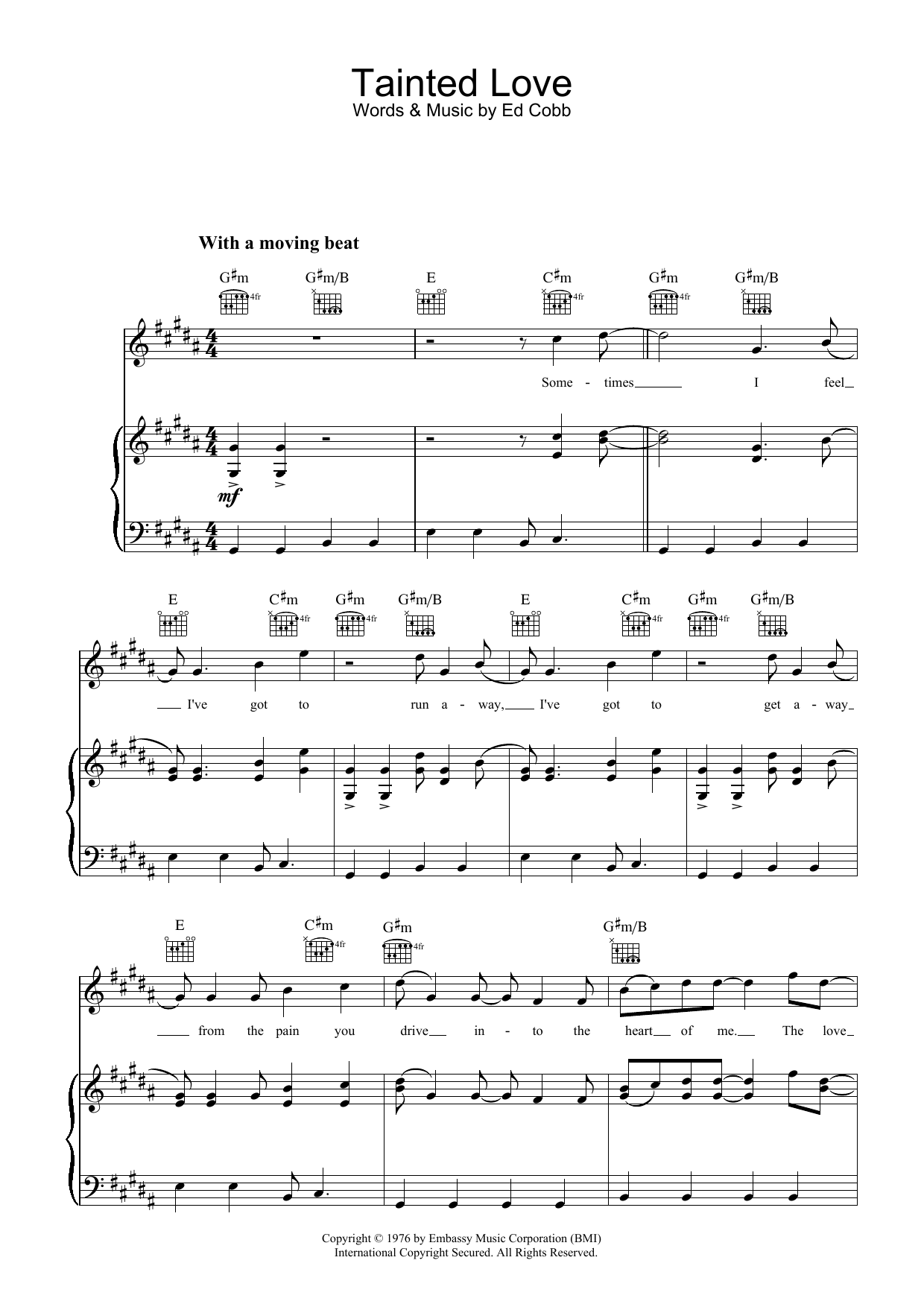 Marc Almond Tainted Love Sheet Music Notes & Chords for Piano, Vocal & Guitar (Right-Hand Melody) - Download or Print PDF