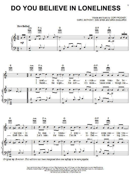 Marc Anthony Do You Believe In Loneliness Sheet Music Notes & Chords for Piano, Vocal & Guitar (Right-Hand Melody) - Download or Print PDF