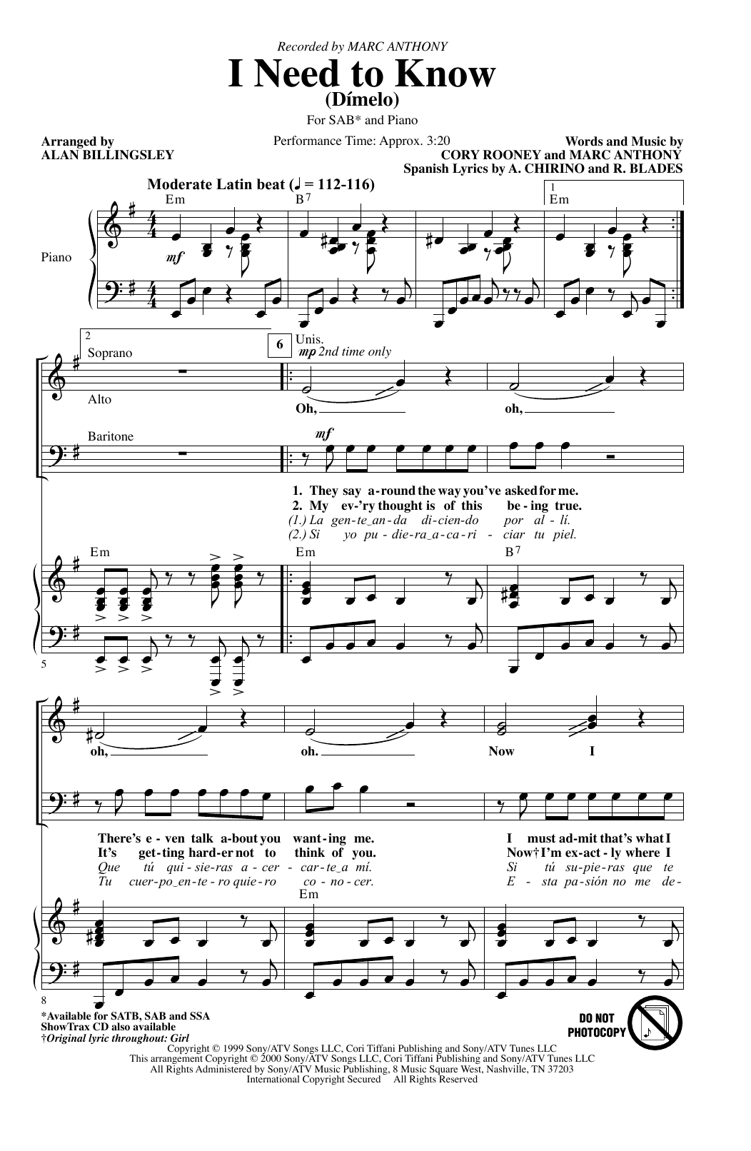 Marc Anthony I Need To Know (Dimelo) (arr. Alan Billingsley) Sheet Music Notes & Chords for SAB Choir - Download or Print PDF