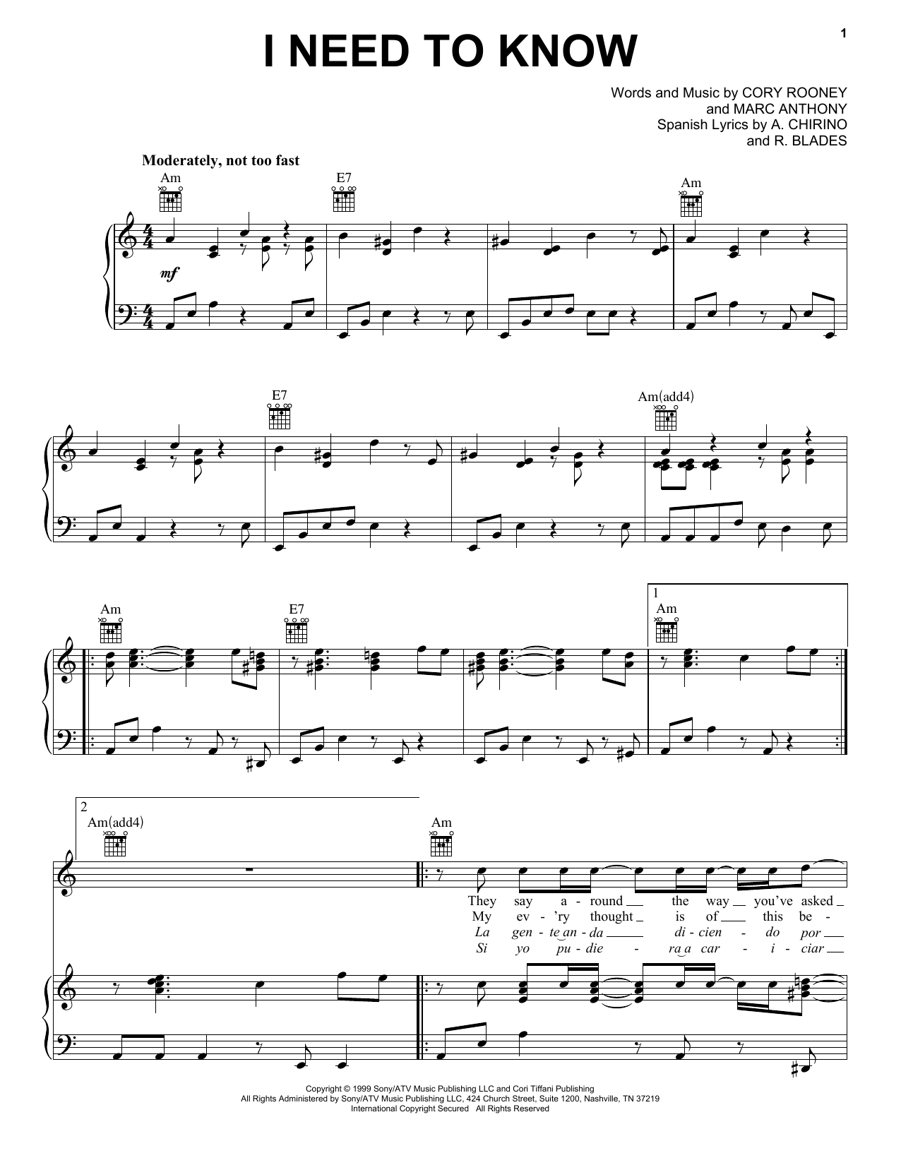 Marc Anthony I Need To Know Sheet Music Notes & Chords for Piano, Vocal & Guitar (Right-Hand Melody) - Download or Print PDF