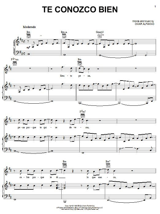 Marc Anthony Te Conozco Bien Sheet Music Notes & Chords for Piano, Vocal & Guitar (Right-Hand Melody) - Download or Print PDF Marc Anthony Te Conozco Bien Sheet Music Notes & Chords for Piano, Vocal & Guitar (Right-Hand Melody) - Download or Print PDF
