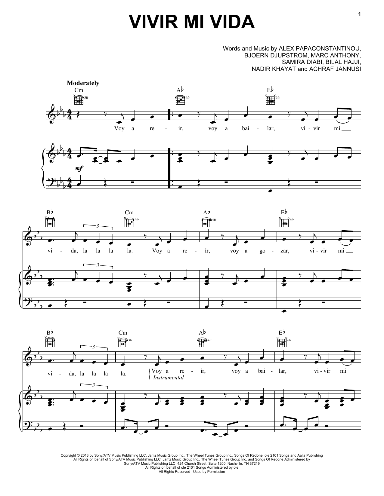Marc Anthony Vivir Mi Vida Sheet Music Notes & Chords for Piano, Vocal & Guitar (Right-Hand Melody) - Download or Print PDF
