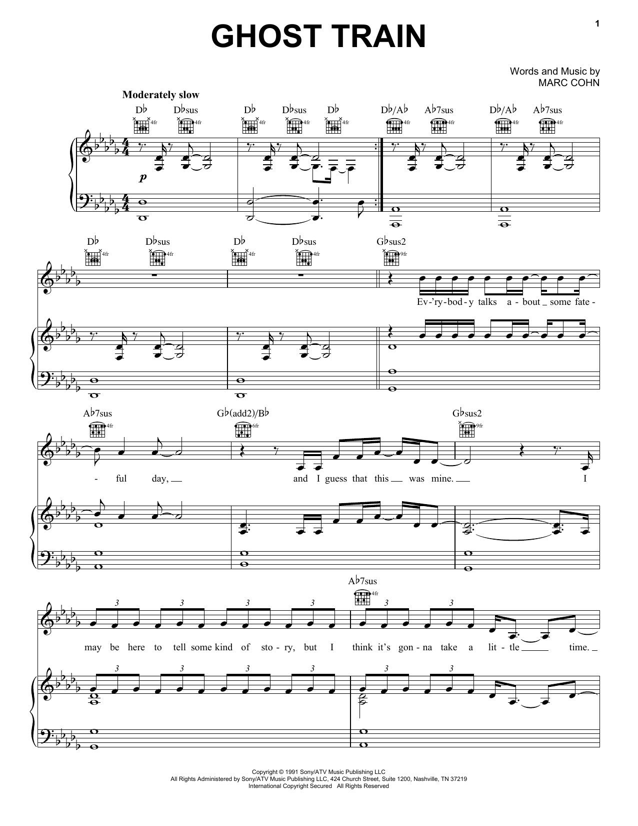 Marc Cohn Ghost Train Sheet Music Notes & Chords for Piano, Vocal & Guitar (Right-Hand Melody) - Download or Print PDF