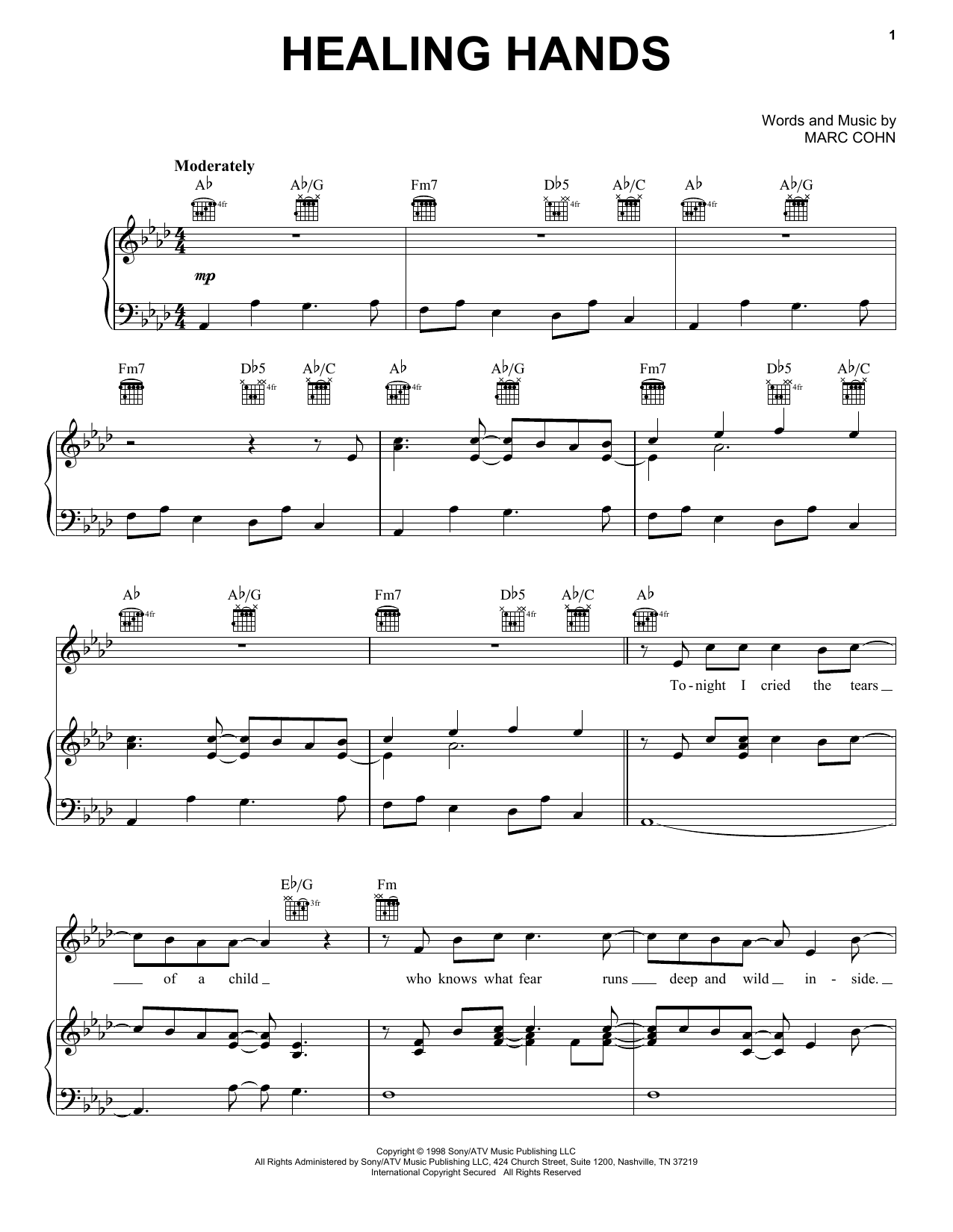 Marc Cohn Healing Hands Sheet Music Notes & Chords for Piano, Vocal & Guitar (Right-Hand Melody) - Download or Print PDF