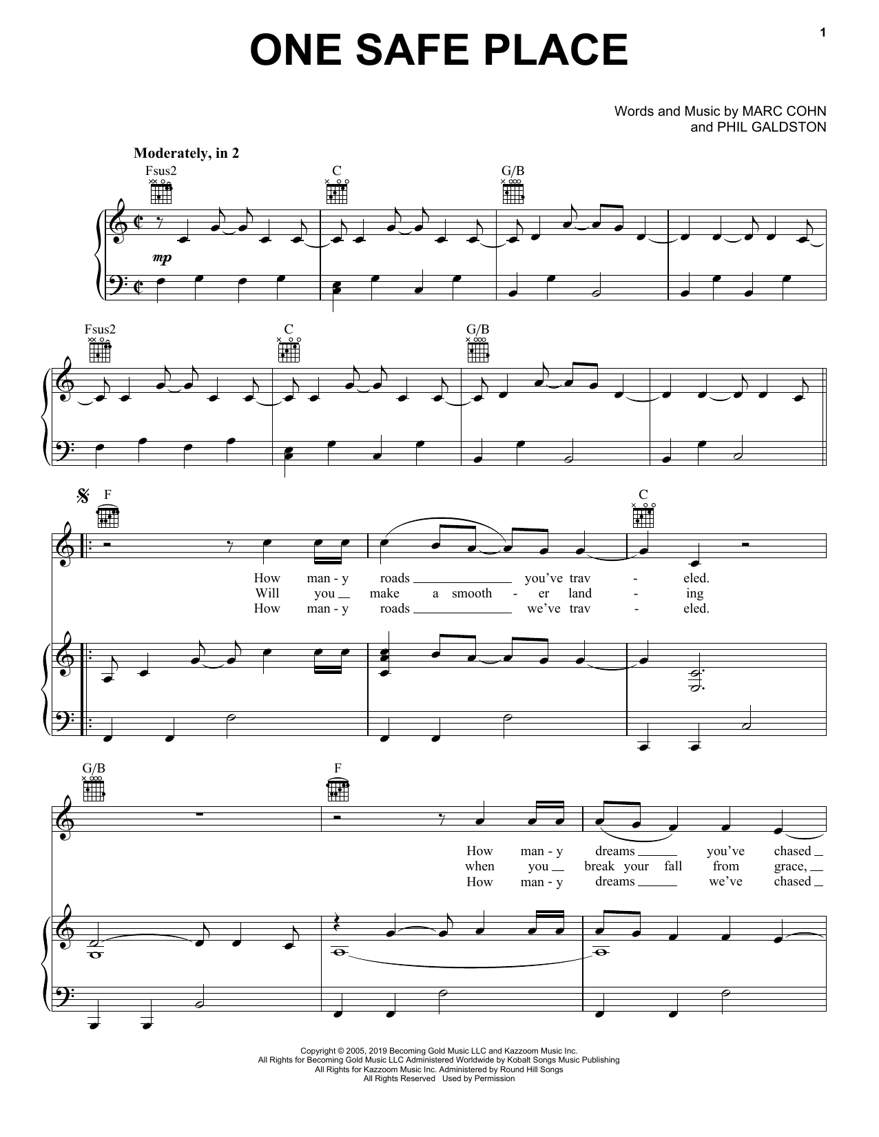 Marc Cohn One Safe Place Sheet Music Notes & Chords for Piano, Vocal & Guitar (Right-Hand Melody) - Download or Print PDF