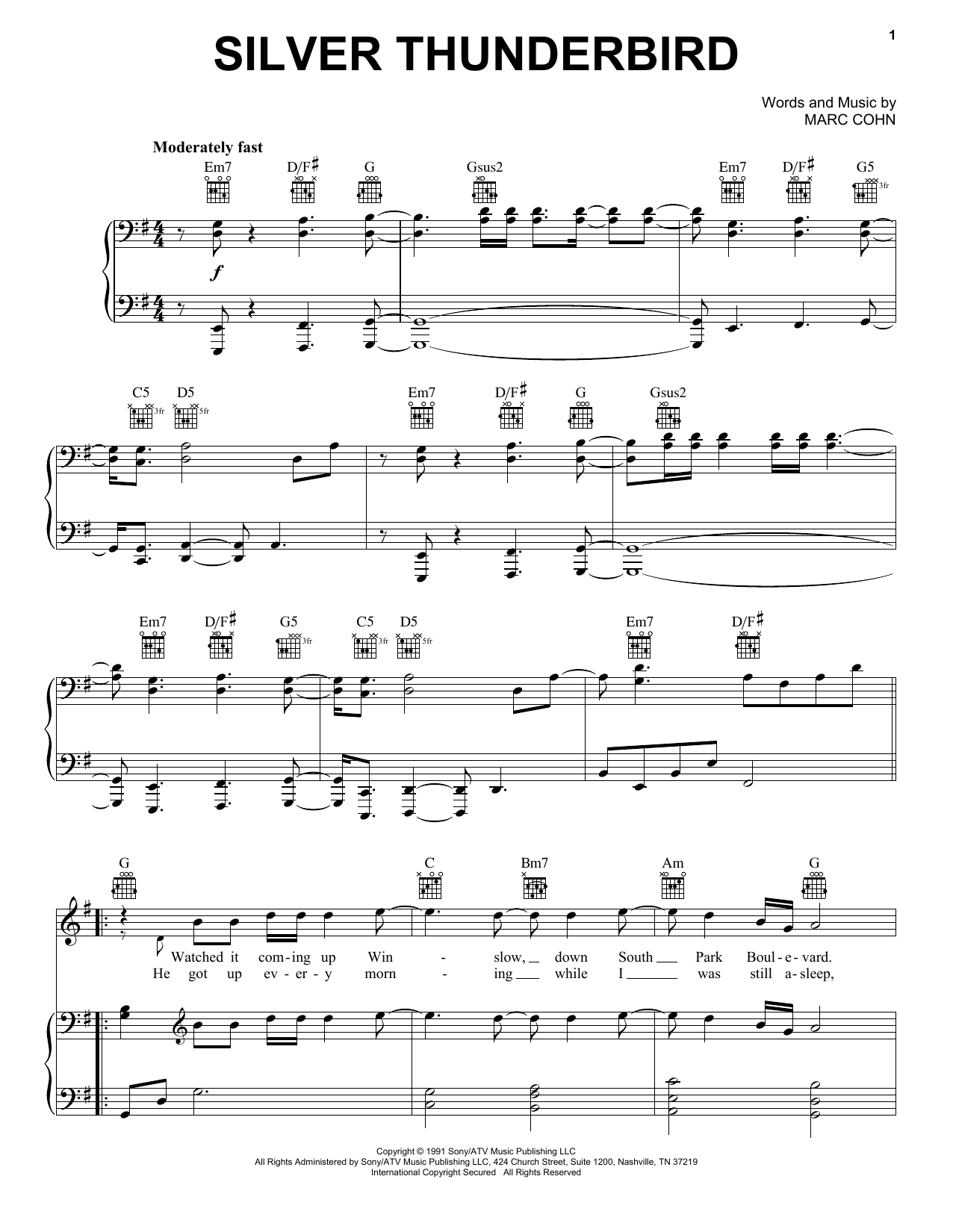 Marc Cohn Silver Thunderbird Sheet Music Notes & Chords for Piano, Vocal & Guitar (Right-Hand Melody) - Download or Print PDF