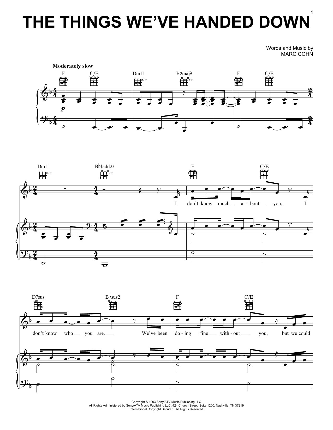 Marc Cohn The Things We've Handed Down Sheet Music Notes & Chords for Piano, Vocal & Guitar (Right-Hand Melody) - Download or Print PDF