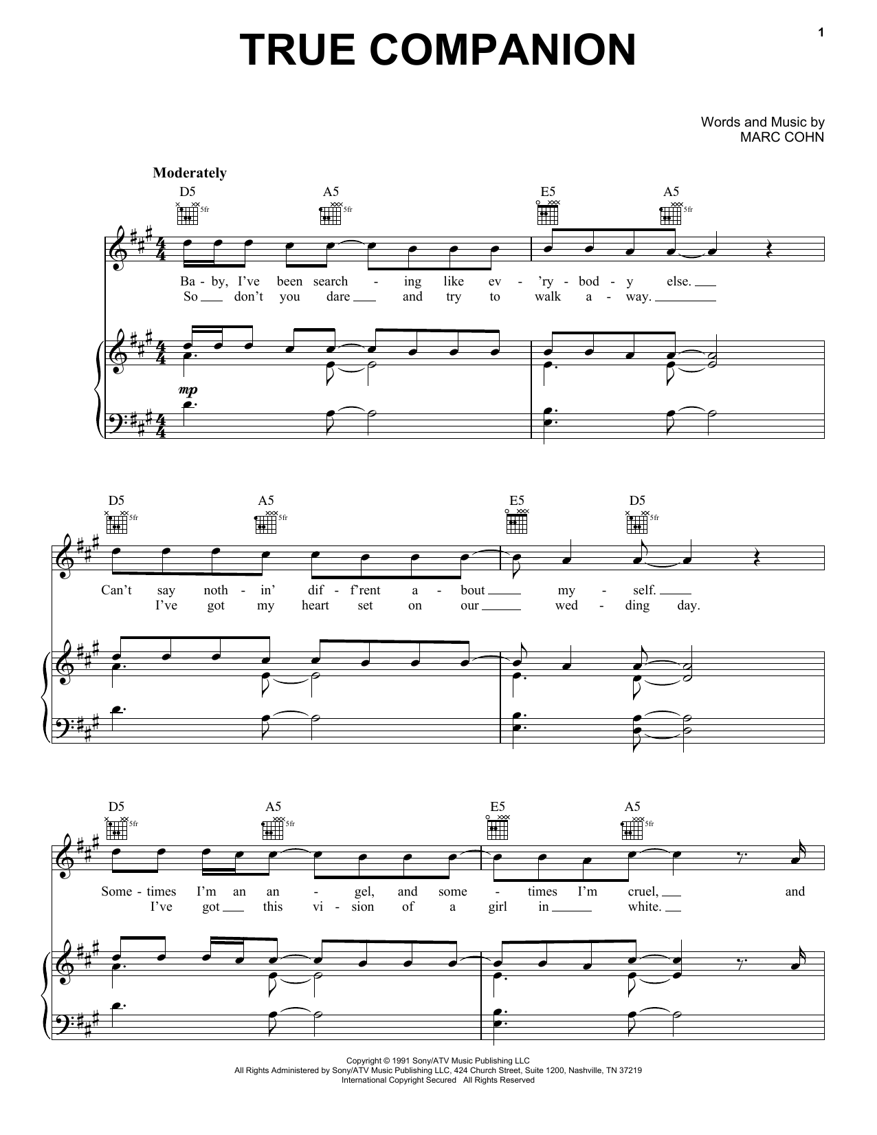 Marc Cohn True Companion Sheet Music Notes & Chords for Piano, Vocal & Guitar (Right-Hand Melody) - Download or Print PDF