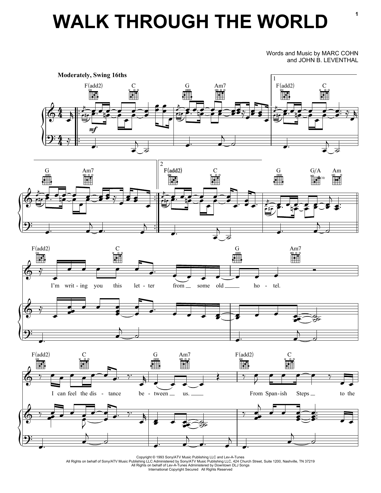 Marc Cohn Walk Through The World Sheet Music Notes & Chords for Piano, Vocal & Guitar (Right-Hand Melody) - Download or Print PDF