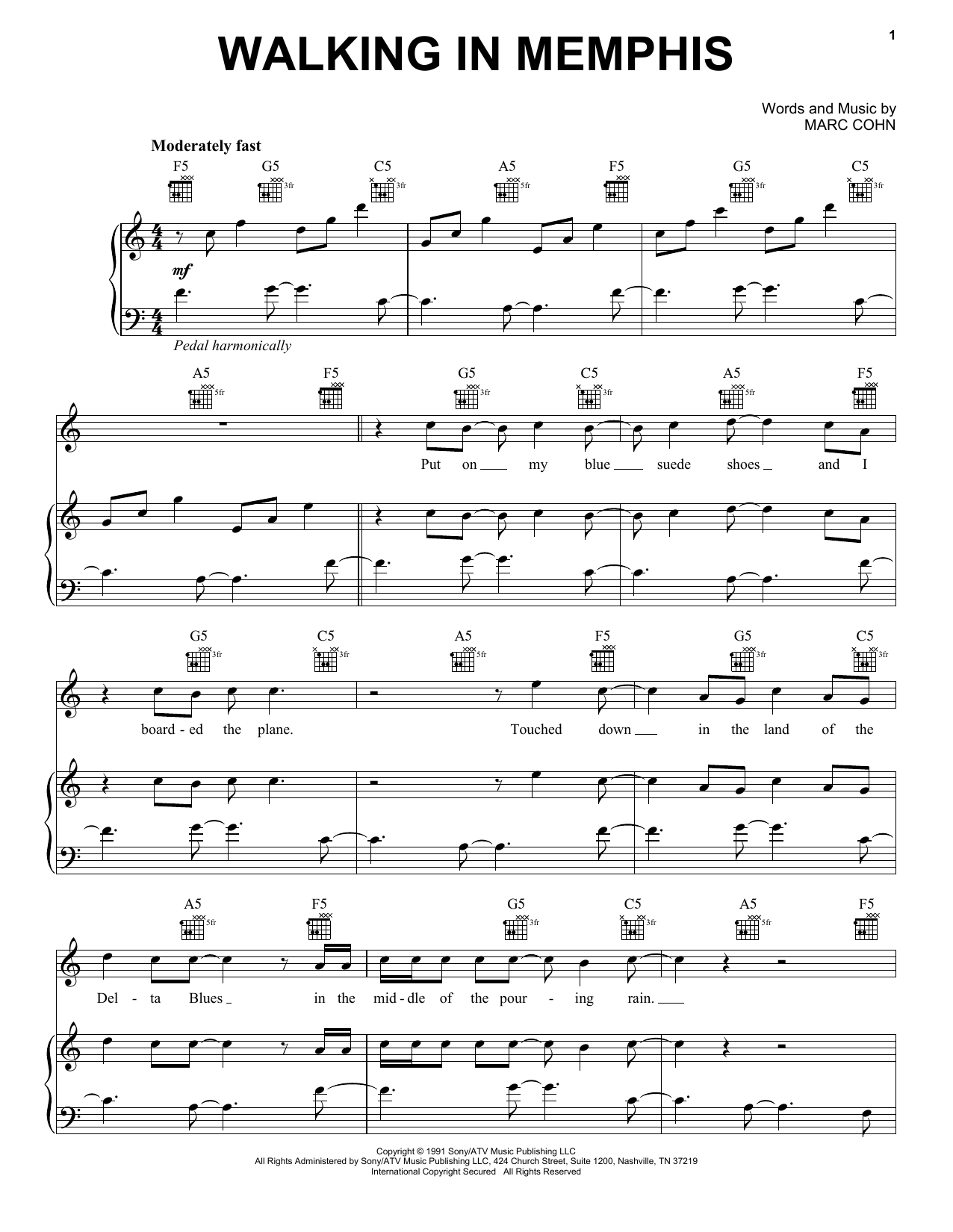 Marc Cohn Walking In Memphis Sheet Music Notes & Chords for Lyrics & Piano Chords - Download or Print PDF