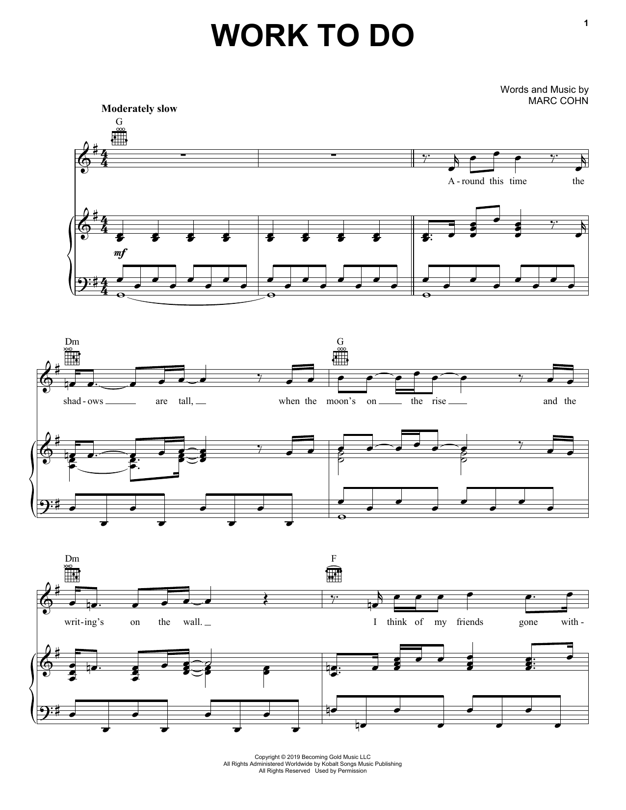 Marc Cohn Work To Do Sheet Music Notes & Chords for Piano, Vocal & Guitar (Right-Hand Melody) - Download or Print PDF
