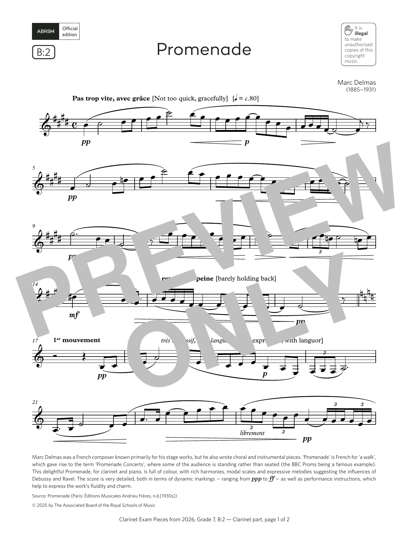 Marc Delmas Promenade (Grade 7, list B2, from the ABRSM Clarinet Syllabus from 2026) Sheet Music Notes & Chords for Clarinet Solo - Download or Print PDF Marc Delmas Promenade (Grade 7, list B2, from the ABRSM Clarinet Syllabus from 2026) Sheet Music Notes & Chords for Clarinet Solo - Download or Print PDF