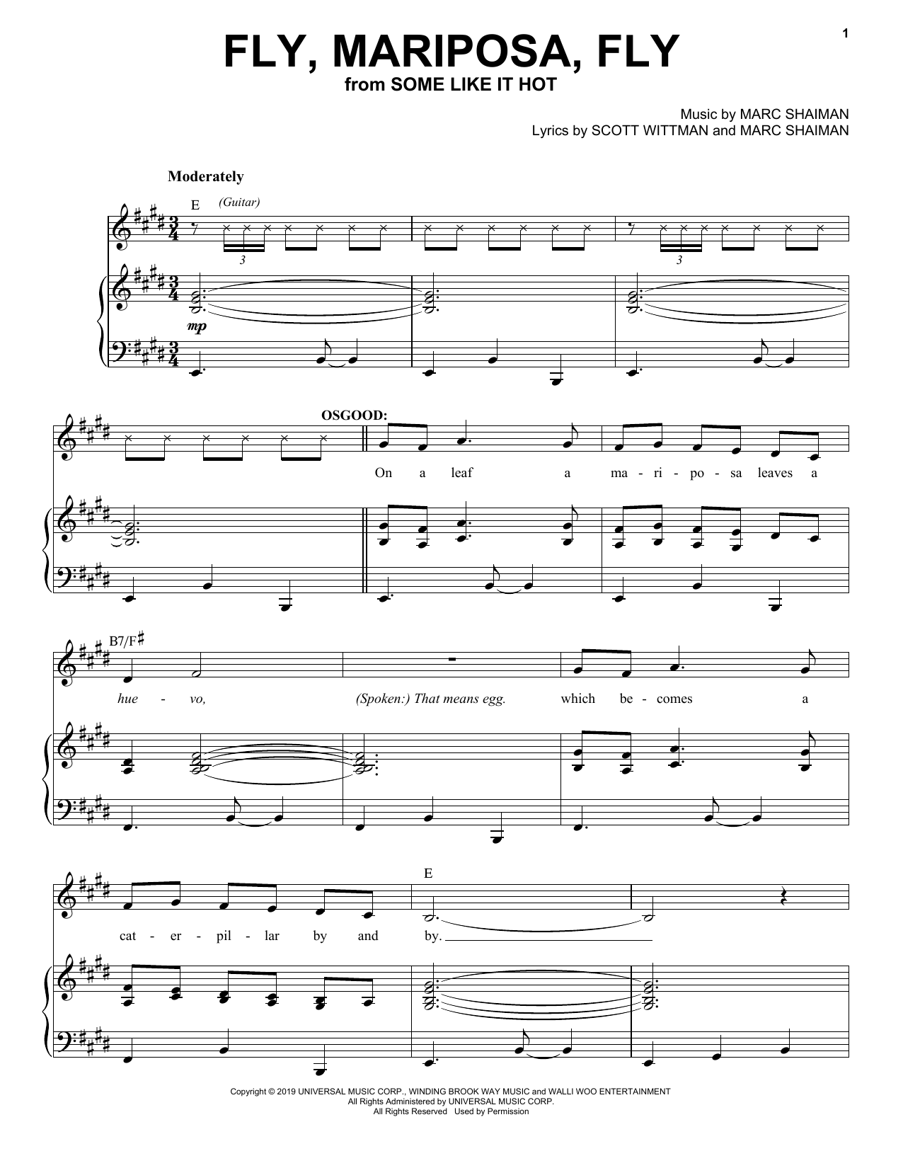 Marc Shaiman & Scott Wittman Fly, Mariposa, Fly (from Some Like It Hot) Sheet Music Notes & Chords for Piano, Vocal & Guitar Chords (Right-Hand Melody) - Download or Print PDF
