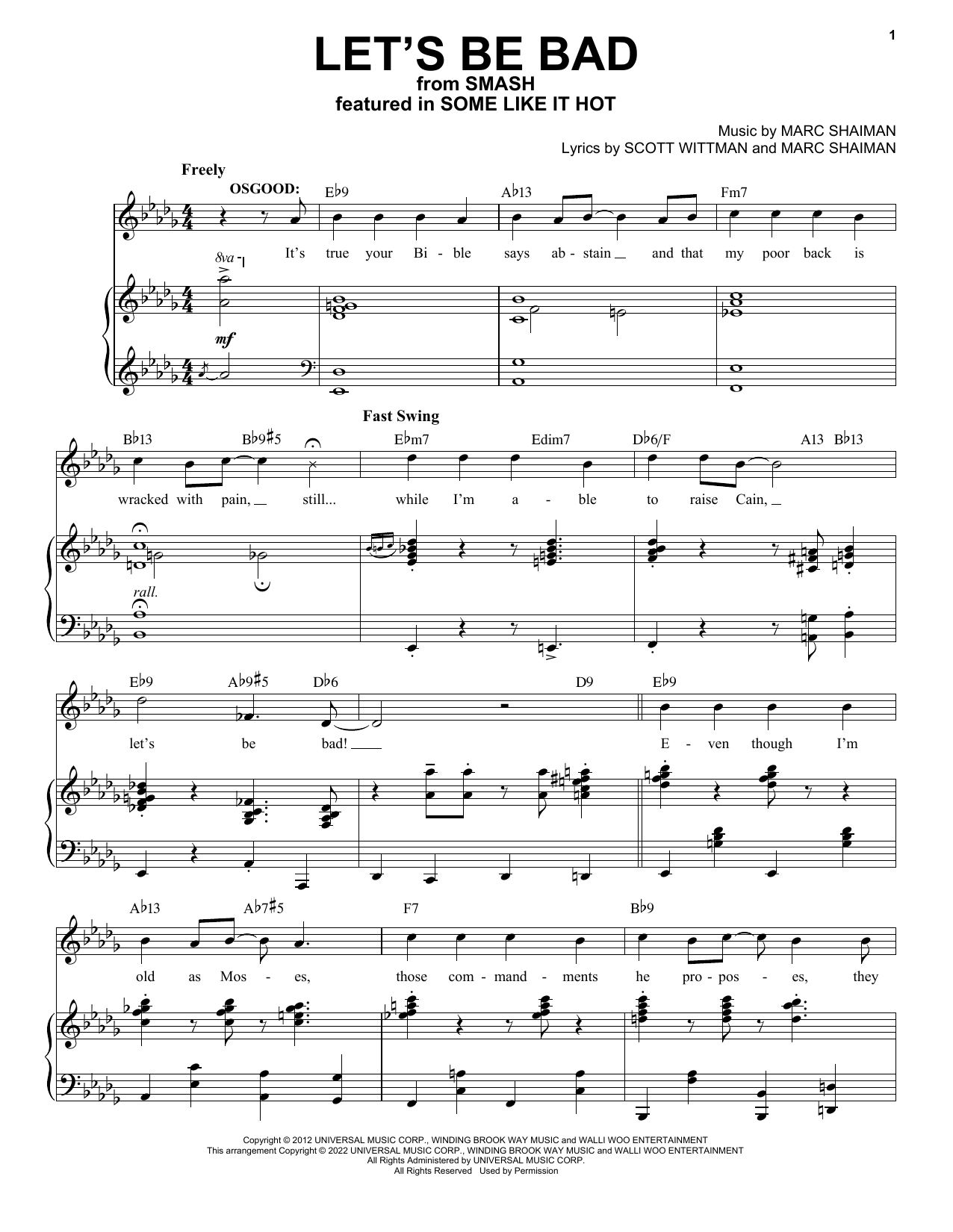 Marc Shaiman & Scott Wittman Let's Be Bad (from Some Like It Hot) Sheet Music Notes & Chords for Piano, Vocal & Guitar Chords (Right-Hand Melody) - Download or Print PDF