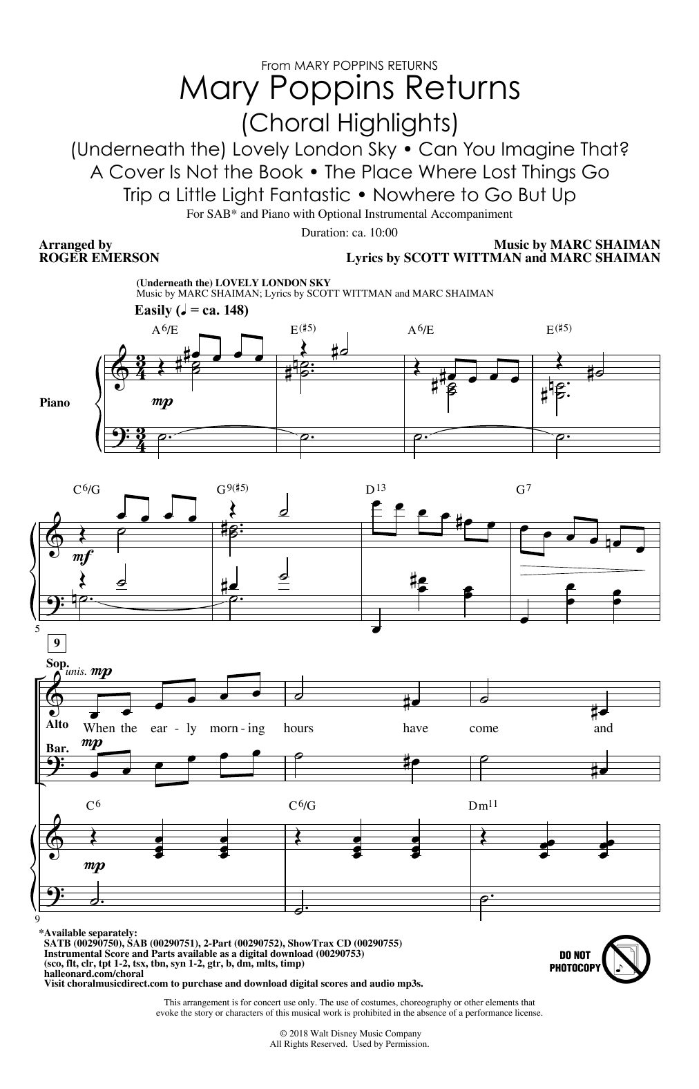 Marc Shaiman & Scott Wittman Mary Poppins Returns (Choral Highlights) (arr. Roger Emerson) Sheet Music Notes & Chords for SAB Choir - Download or Print PDF Marc Shaiman & Scott Wittman Mary Poppins Returns (Choral Highlights) (arr. Roger Emerson) Sheet Music Notes & Chords for SAB Choir - Download or Print PDF