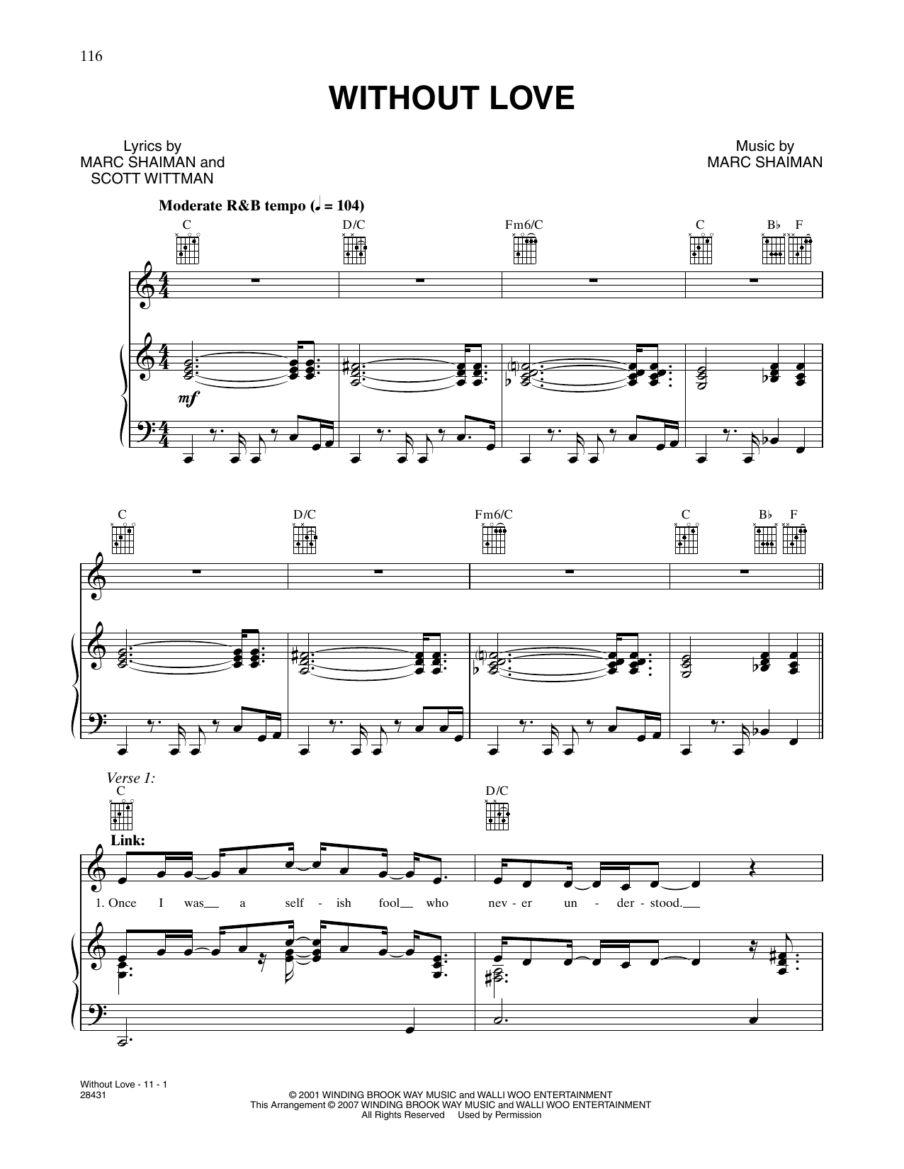 Marc Shaiman & Scott Wittman Without Love (from Hairspray) Sheet Music Notes & Chords for Piano, Vocal & Guitar Chords (Right-Hand Melody) - Download or Print PDF