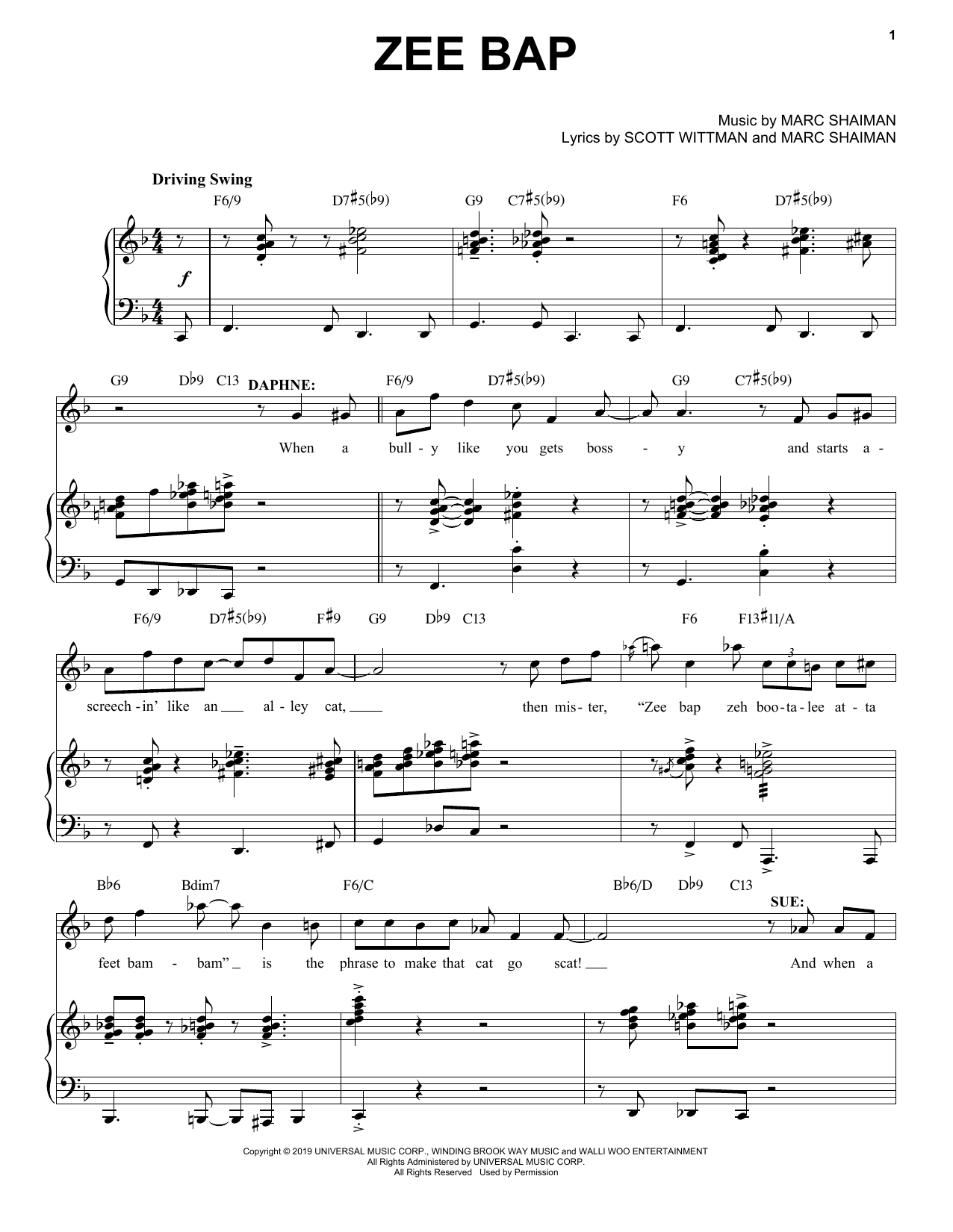 Marc Shaiman & Scott Wittman Zee Bap (from Some Like It Hot) Sheet Music Notes & Chords for Piano, Vocal & Guitar Chords (Right-Hand Melody) - Download or Print PDF