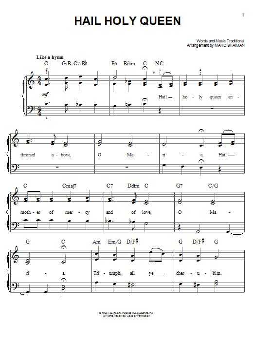 Marc Shaiman Hail Holy Queen Sheet Music Notes & Chords for Easy Piano - Download or Print PDF