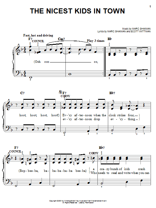 Marc Shaiman The Nicest Kids In Town Sheet Music Notes & Chords for Piano, Vocal & Guitar (Right-Hand Melody) - Download or Print PDF