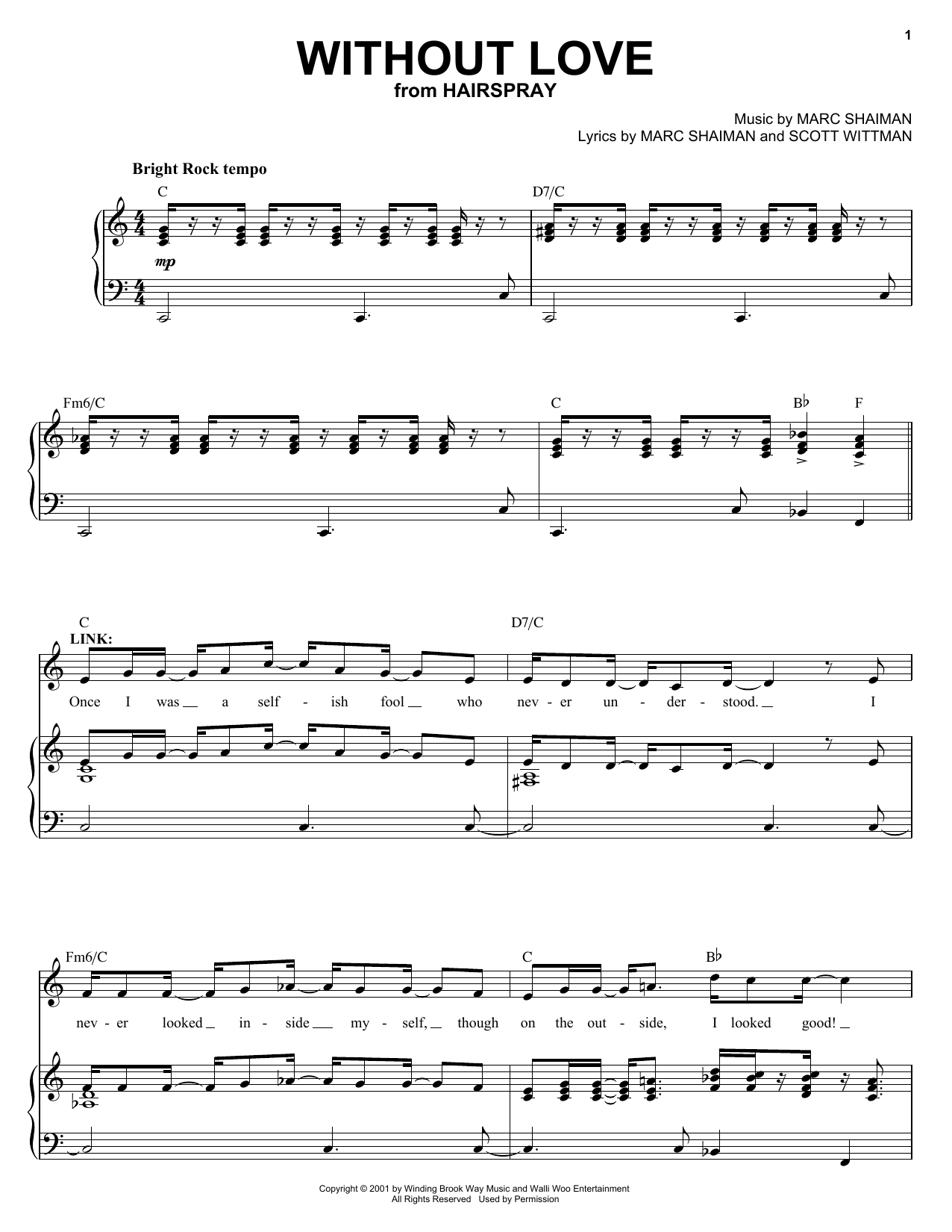 Marc Shaiman Without Love (from Hairspray) sheet music notes and chords. Download Printable PDF.