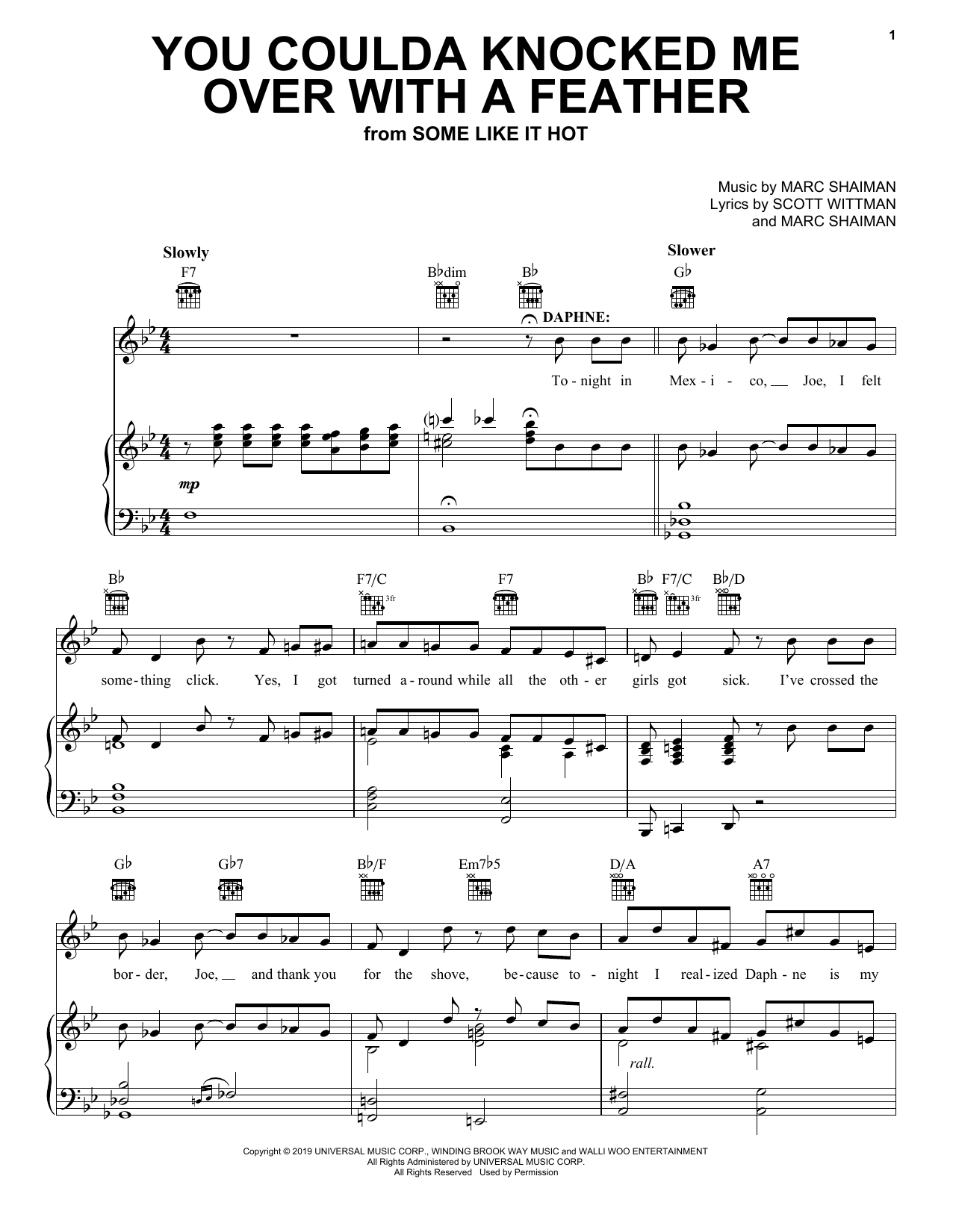 Marc Shaiman You Coulda Knocked Me Over With A Feather (from Some Like It Hot) Sheet Music Notes & Chords for Piano, Vocal & Guitar Chords (Right-Hand Melody) - Download or Print PDF