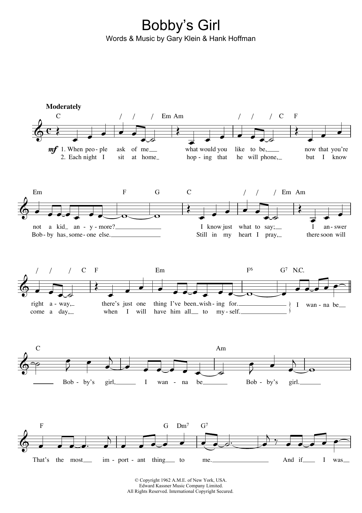 Marcie Blane Bobby's Girl Sheet Music Notes & Chords for Melody Line, Lyrics & Chords - Download or Print PDF