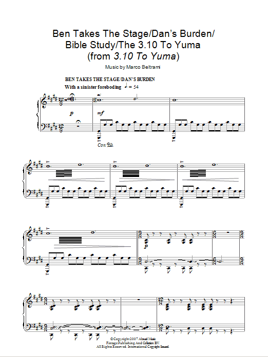 Marco Beltrami Ben Takes The Stage / Dan's Burden / Bible Study / The 3:10 To Yuma Sheet Music Notes & Chords for Piano - Download or Print PDF