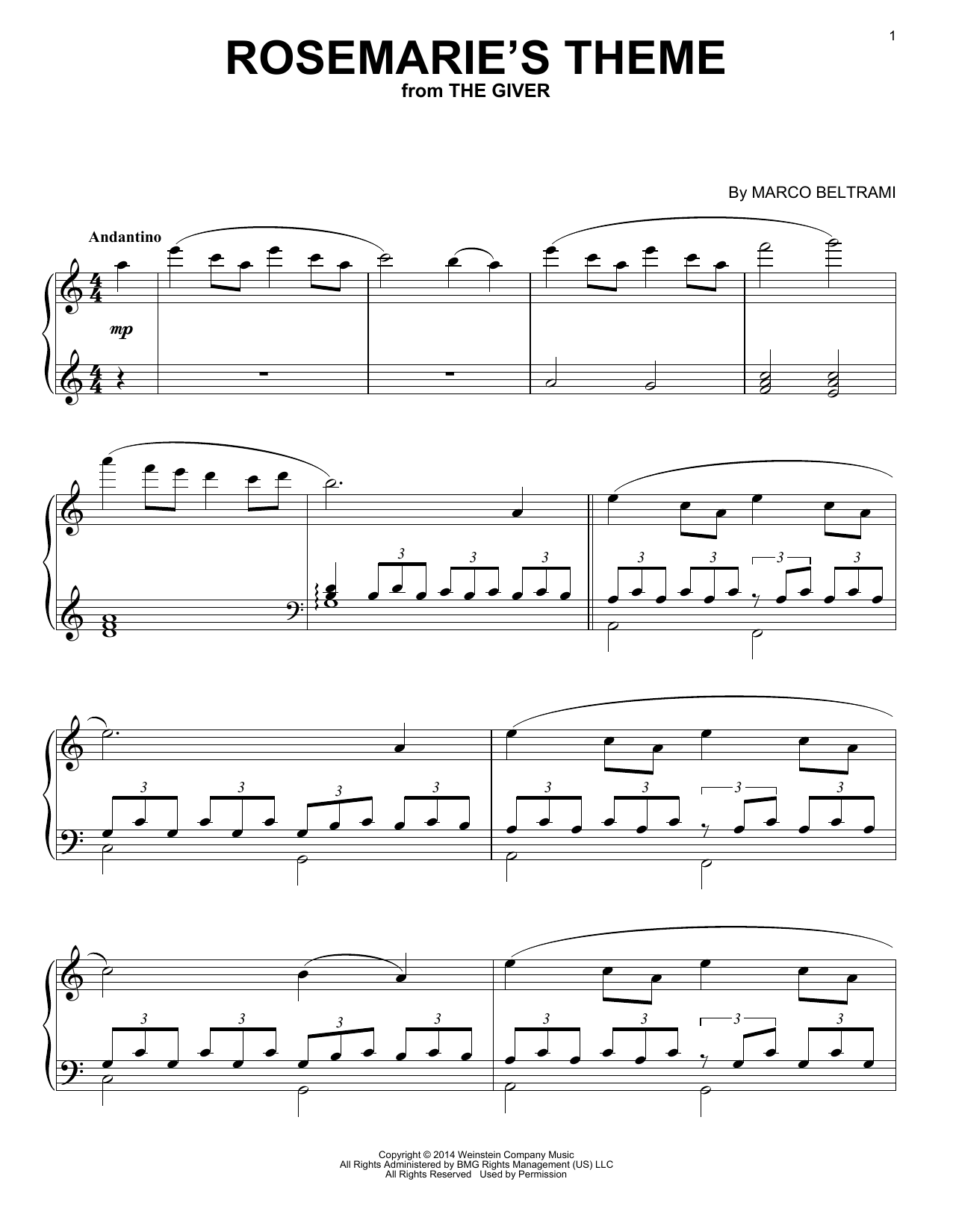 Marco Beltrami Rosemarie's Theme Sheet Music Notes & Chords for Piano - Download or Print PDF