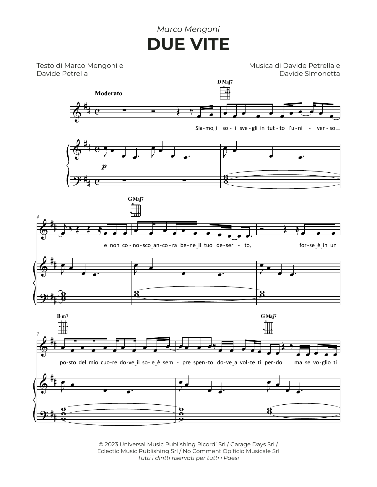 Marco Mengoni Due Vite Sheet Music Notes & Chords for Piano, Vocal & Guitar Chords (Right-Hand Melody) - Download or Print PDF