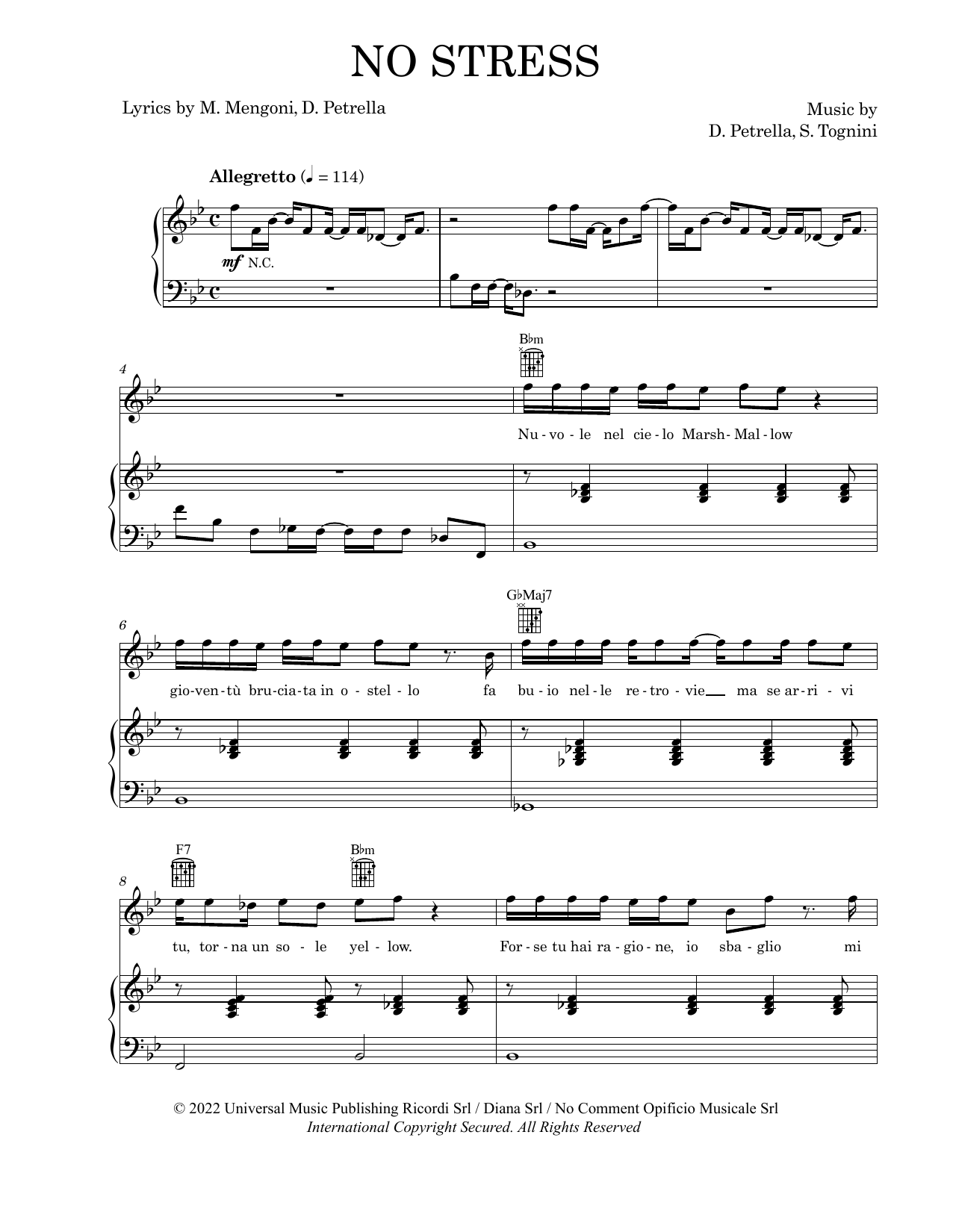 Marco Mengoni No Stress Sheet Music Notes & Chords for Piano, Vocal & Guitar Chords (Right-Hand Melody) - Download or Print PDF