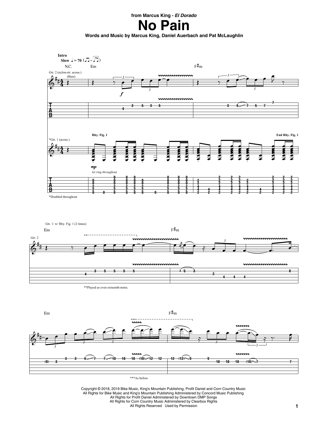 Marcus King No Pain Sheet Music Notes & Chords for Guitar Tab - Download or Print PDF