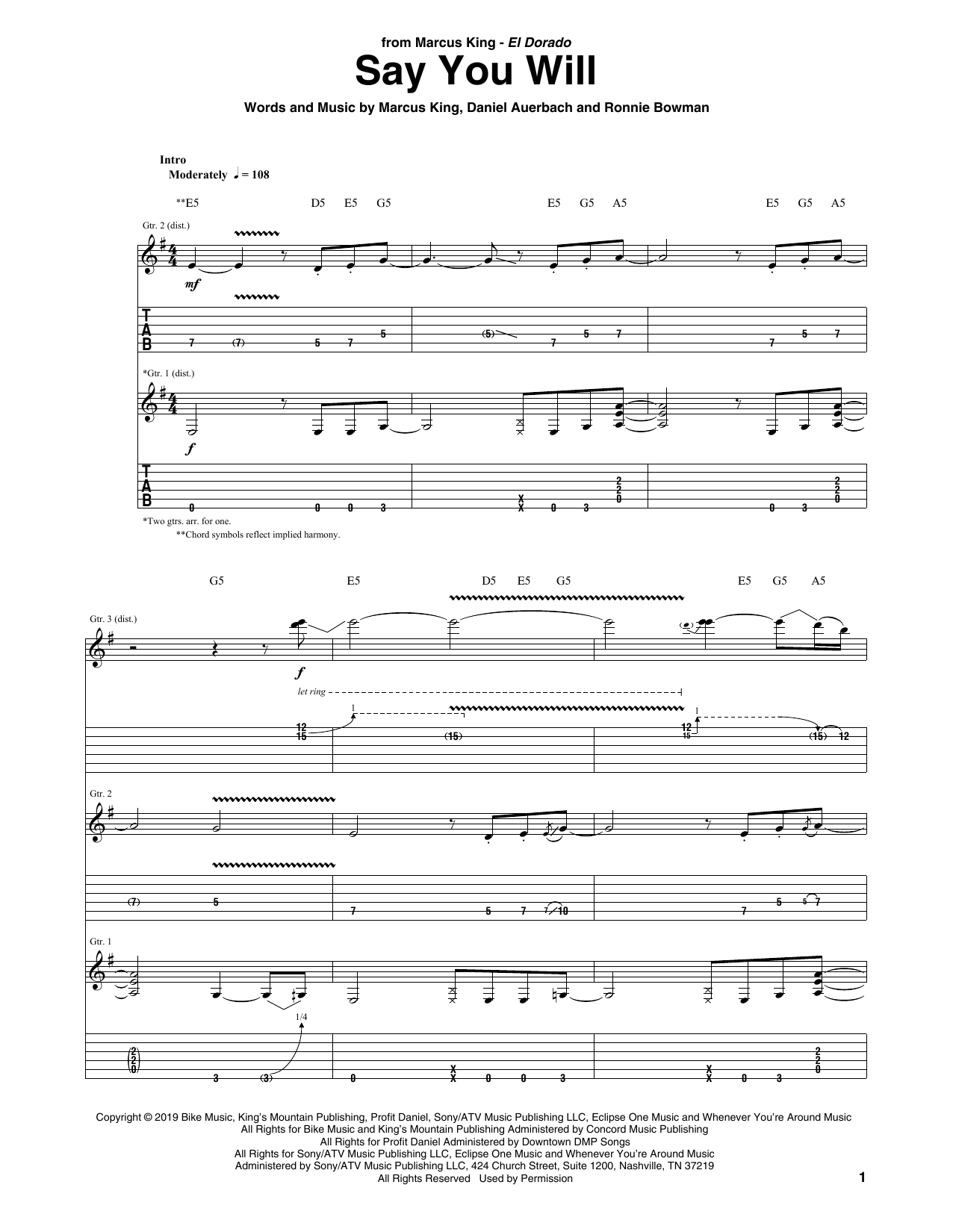 Marcus King Say You Will Sheet Music Notes & Chords for Guitar Tab - Download or Print PDF