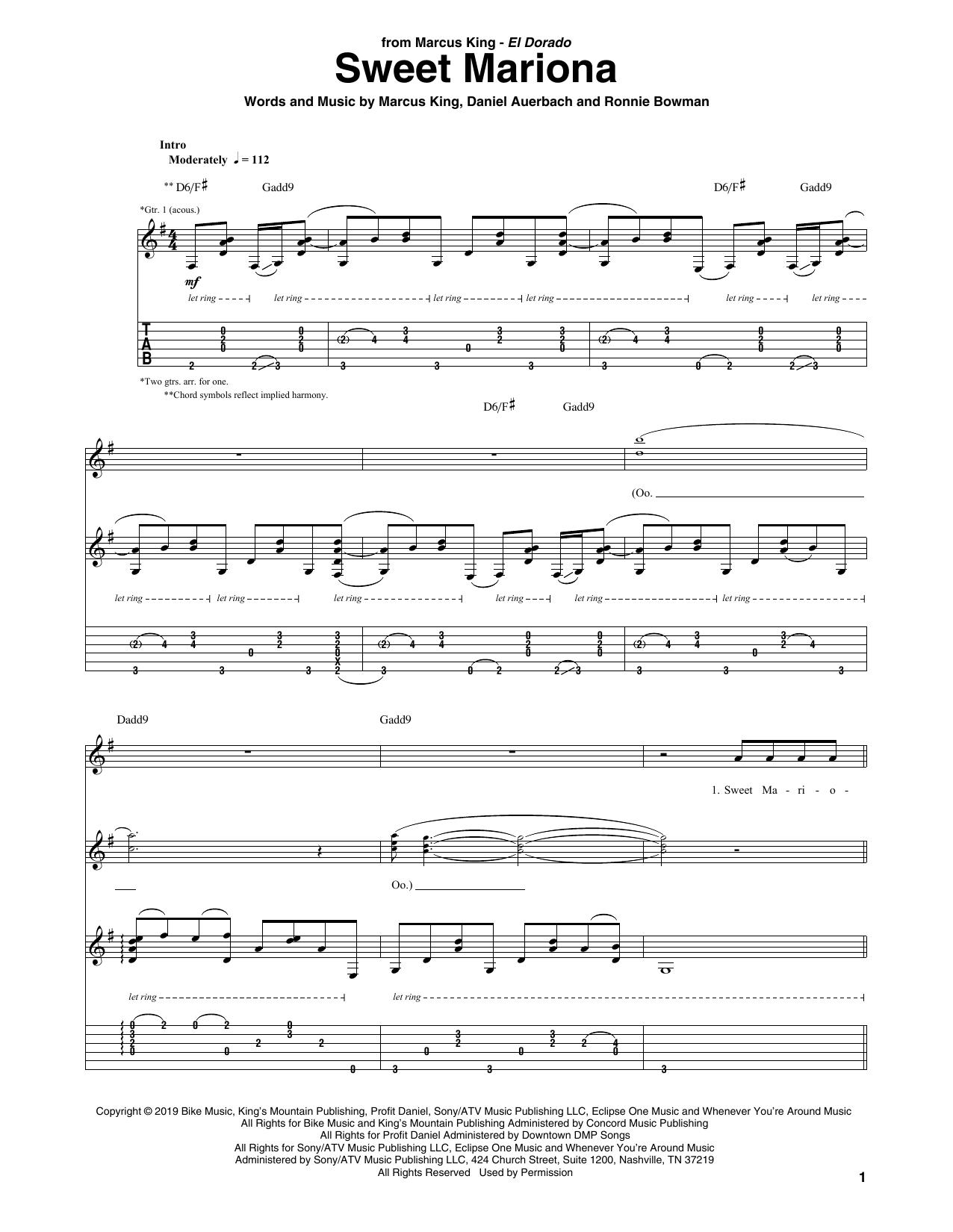 Marcus King Sweet Mariona Sheet Music Notes & Chords for Guitar Tab - Download or Print PDF